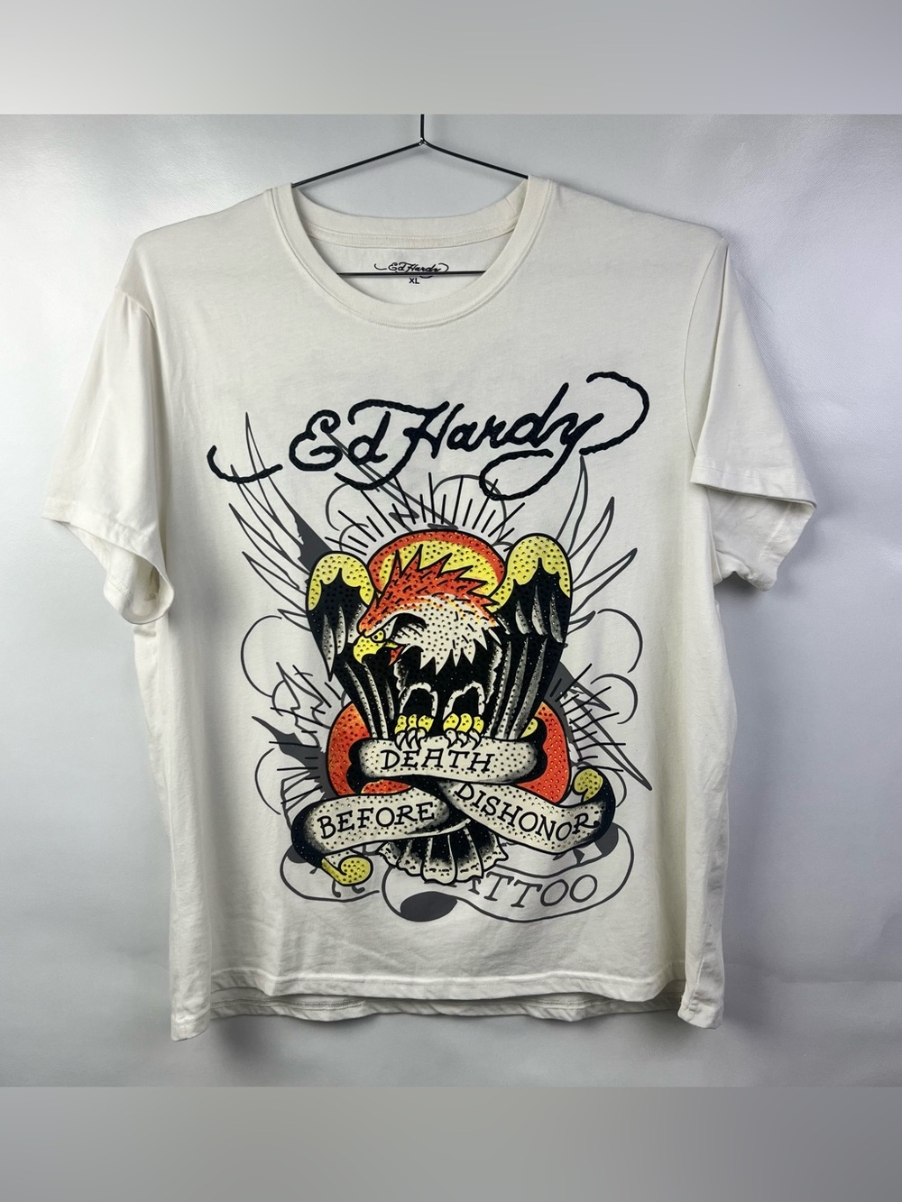 Ed Hardy White Short-Sleeve Tee with Eagle Graphic and Banner